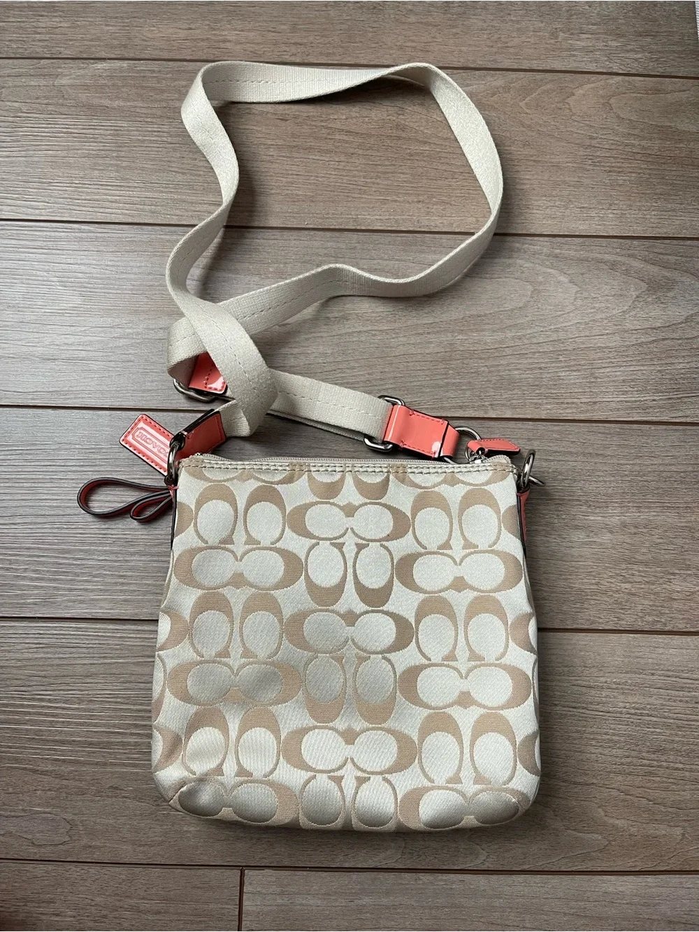Coach Beige Signature Crossbody with Coral Trim